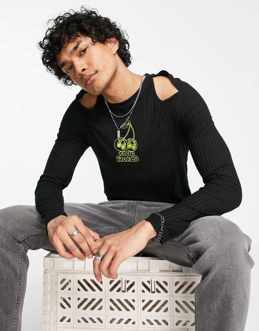 ASOS DESIGN - T-shirt ajusté à manches longues avec découpes et motif brodé - Noir