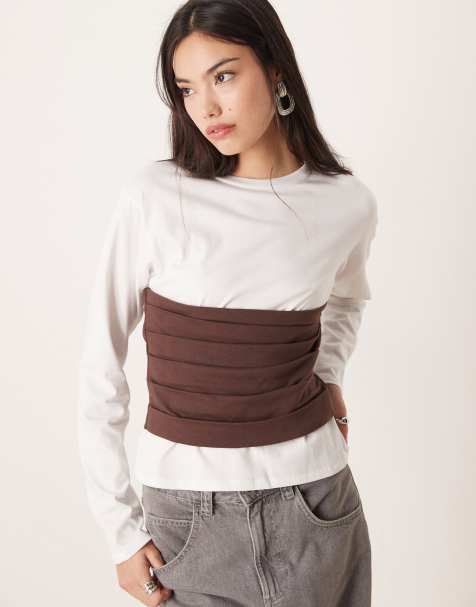 ASOS DESIGN - T-shirt ajusté à manches longues avec détail fantaisie à la taille - Crème et chocolat - view 1