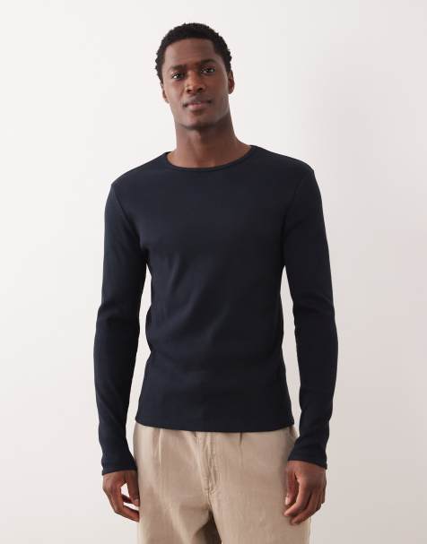 ASOS DESIGN - T-shirt ajusté à manches longues en tissu côtelé ultra-épais - Bleu marine - view 1