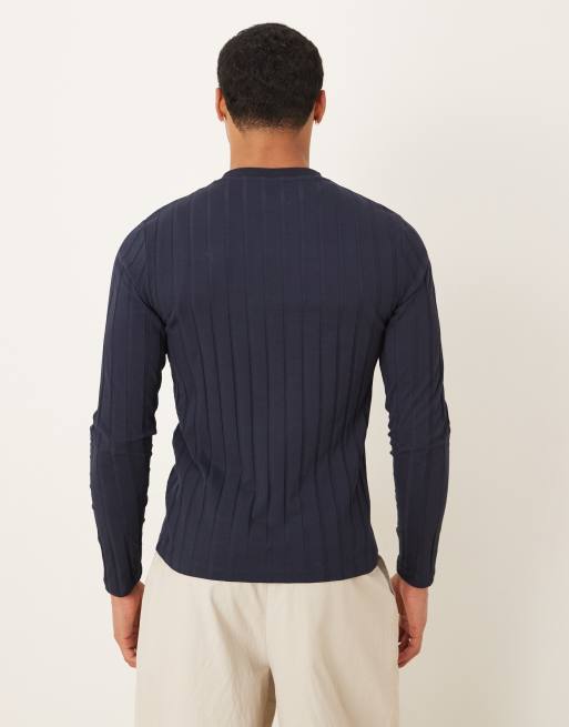 ASOS DESIGN - T-shirt ajusté à manches longues et larges côtes - Bleu marine  , 3 de 5