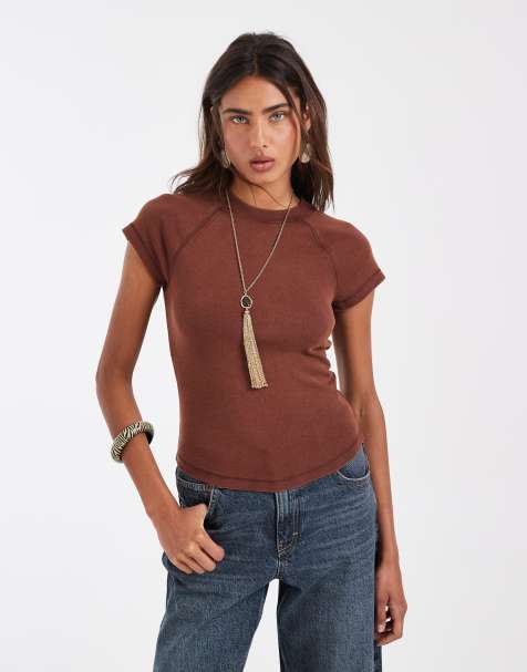 ASOS DESIGN - T-shirt ajusté effet rétréci à manches raglan - Chocolat délavé - view 1