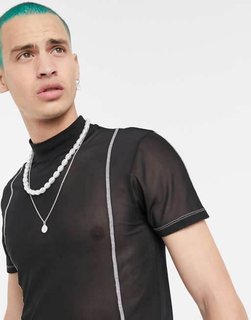 ASOS DESIGN - T-shirt ajusté en tulle fin et stretch à surpiqûres contrastantes - Noir