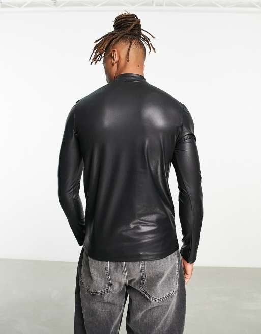 ASOS DESIGN - T-shirt ajusté et texturé à manches longues en imitation cuir avec col montant, 2 de 4
