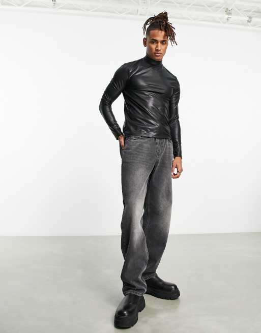 ASOS DESIGN - T-shirt ajusté et texturé à manches longues en imitation cuir avec col montant, 4 de 4