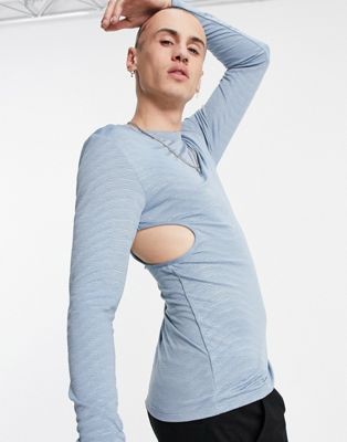 T-shirt ajusté texturé à manches longues avec découpes sur les côtés - Bleu