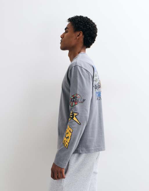 ASOS DESIGN t-shirt ample décontracté à manches longues avec imprimé en gris délavé, 5 de 5