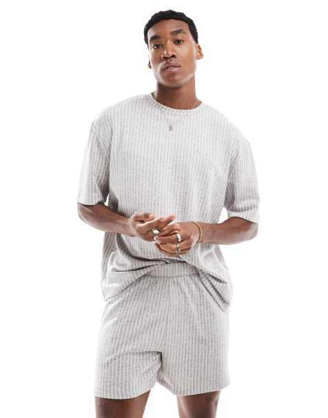 ASOS DESIGN t-shirt and shorts lounge set in grey stripe - view 1