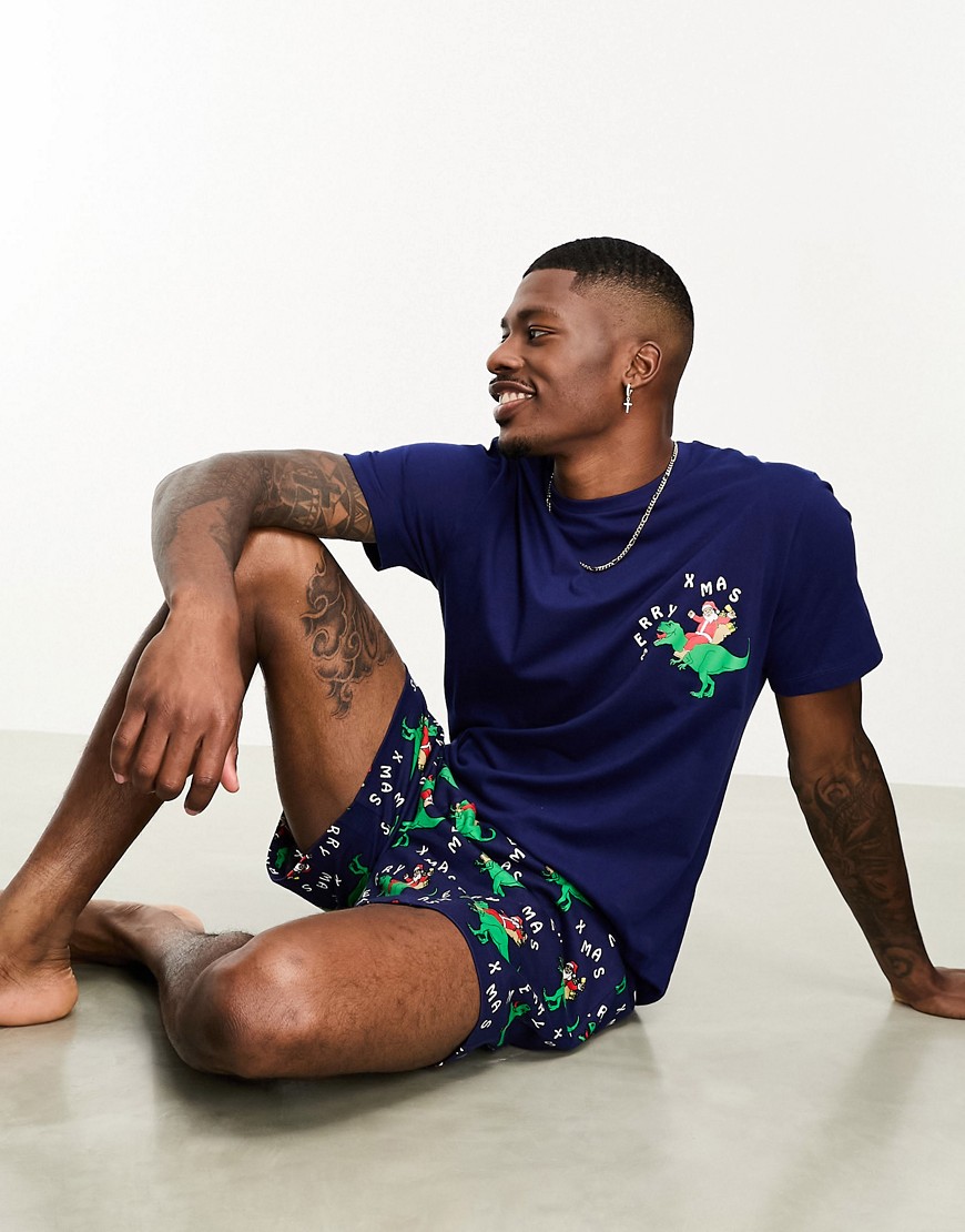 t-shirt and shorts lounge set with christmas dinosaur print in navy