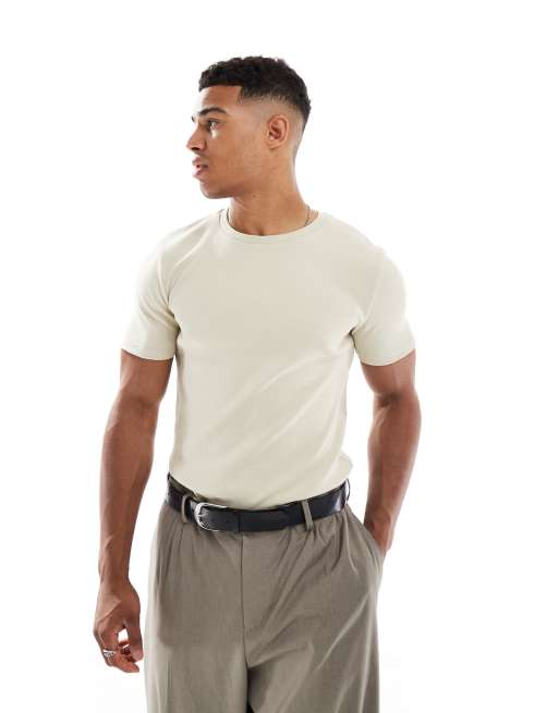 ASOS DESIGN - T-shirt attillata a coste beige