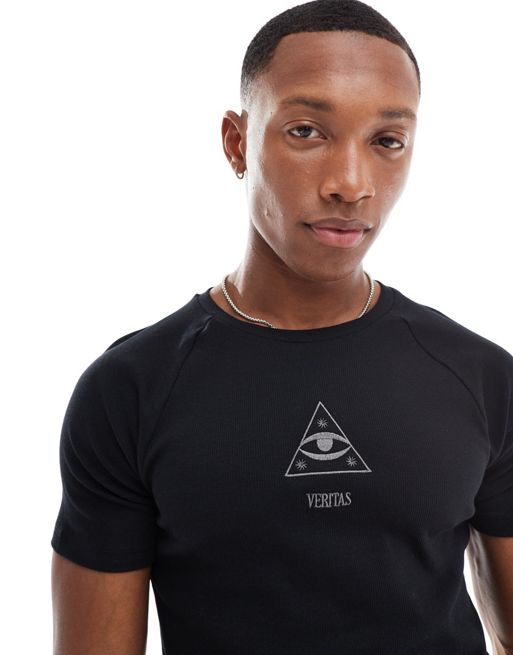 FhyzicsShops DESIGN - T-shirt attillata a coste nera con ricamo di stella