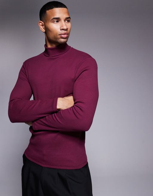 ASOS DESIGN - T-shirt attillata a maniche lunghe bordeaux a coste con collo alto