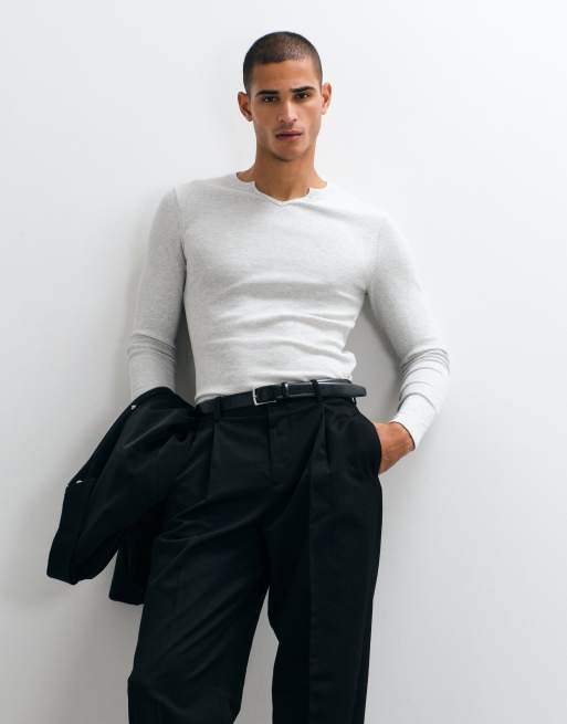ASOS DESIGN t-shirt attillata a maniche lunghe con scollo a intaglio in grigio mélange, 1 di 5