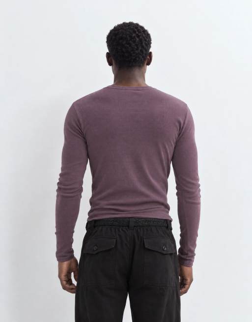 ASOS DESIGN T-shirt attillata a maniche lunghe con scollo a V in coste viola, 8 di 9