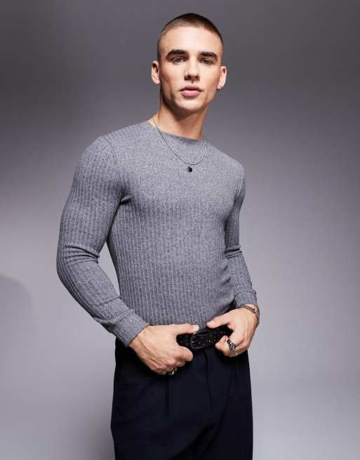 ASOS DESIGN - T-shirt attillata a maniche lunghe grigia spazzolata a coste