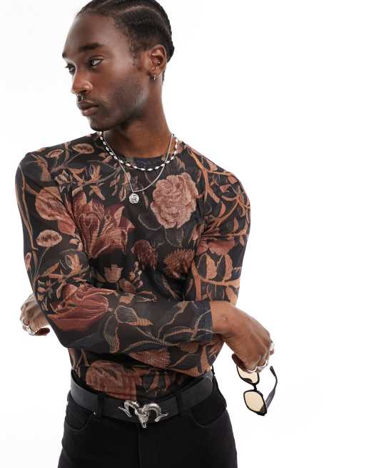 ASOS DESIGN - T-shirt attillata a maniche lunghe in rete con stampa floreale