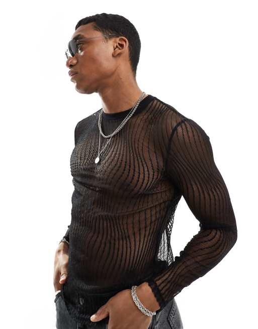 ASOS DESIGN - T-shirt attillata a maniche lunghe in rete nera con motivo