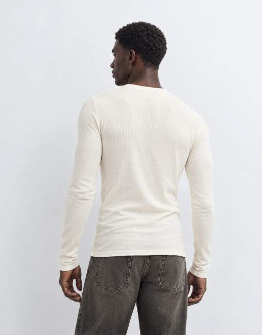 ASOS DESIGN t-shirt attillata a maniche lunghe in tessuto a coste color crema, 8 di 9