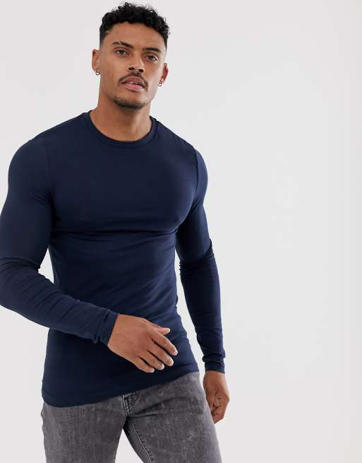 ASOS DESIGN - T-shirt attillata a maniche lunghe in tessuto organico blu navy