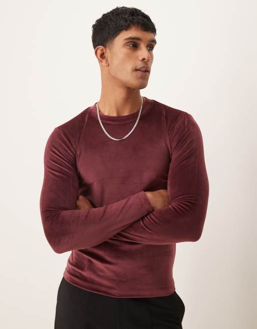 ASOS DESIGN - T-shirt attillata a maniche lunghe in velour bordeaux