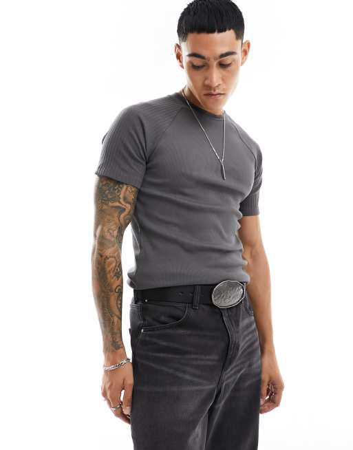 ASOS DESIGN - T-shirt attillata antracite a coste con maniche raglan