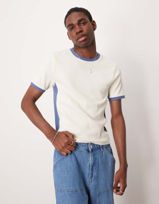 ASOS DESIGN - T-shirt attillata beige a coste con pannelli laterali a contrasto  , 2 di 4