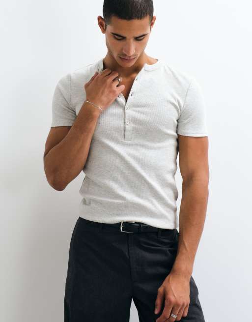 ASOS DESIGN - T-shirt attillata beige mélange a coste con scollo serafino, 5 di 5