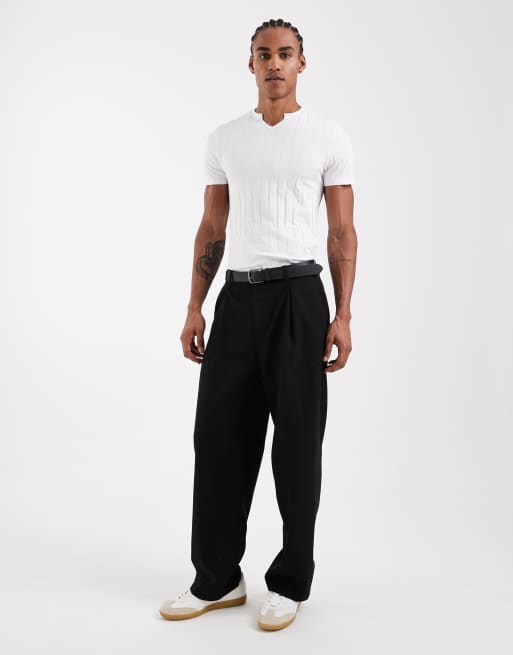 ASOS DESIGN - T-shirt attillata bianca a coste larghe con intaglio sul collo  , 2 di 5