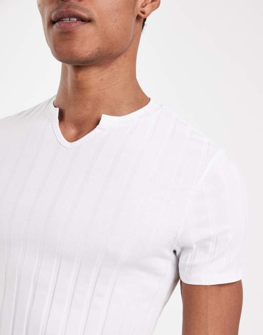 ASOS DESIGN - T-shirt attillata bianca a coste larghe con intaglio sul collo  , 5 di 5