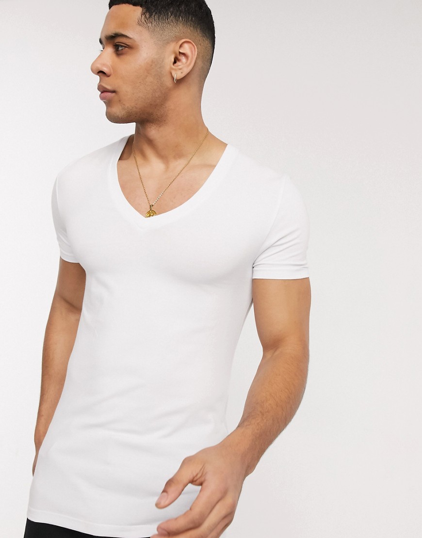 ASOS DESIGN - T-shirt attillata bianca con profondo scollo a V-Bianco