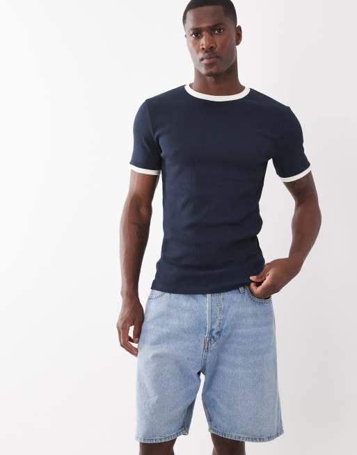 ASOS DESIGN - T-shirt attillata blu navy a coste con bordi a contrasto, 2 di 5