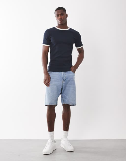ASOS DESIGN - T-shirt attillata blu navy a coste con bordi a contrasto, 3 di 5