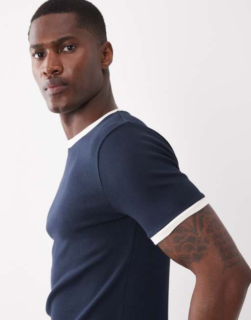 ASOS DESIGN - T-shirt attillata blu navy a coste con bordi a contrasto, 4 di 5
