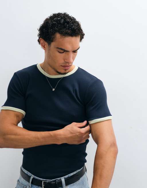 ASOS DESIGN - T-shirt attillata blu navy e verde con bordi a contrasto, 2 di 5