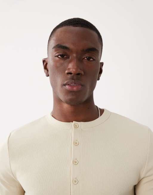 ASOS DESIGN - T-shirt attillata color pietra a coste con scollo serafino , 3 di 5