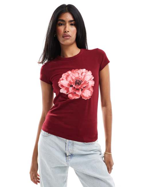 ASOS DESIGN - T-shirt attillata color vinaccia con stampa grafica di fiore