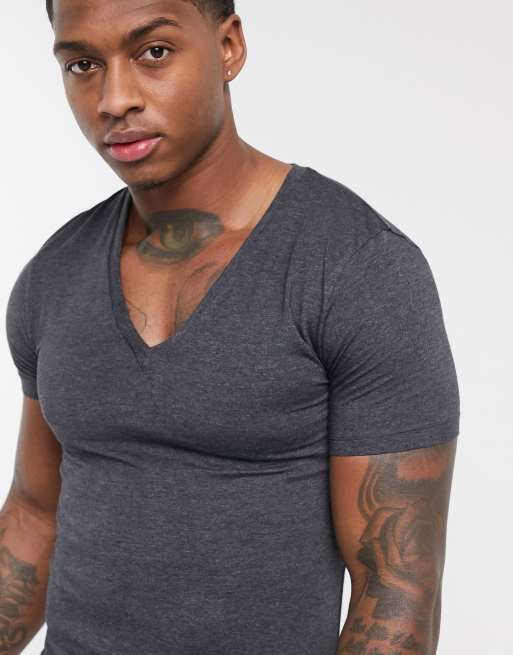 ASOS DESIGN - T-shirt attillata con scollo a V profondo antracite mélange, 3 di 4
