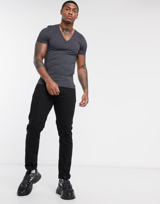 ASOS DESIGN - T-shirt attillata con scollo a V profondo antracite mélange, 4 di 4