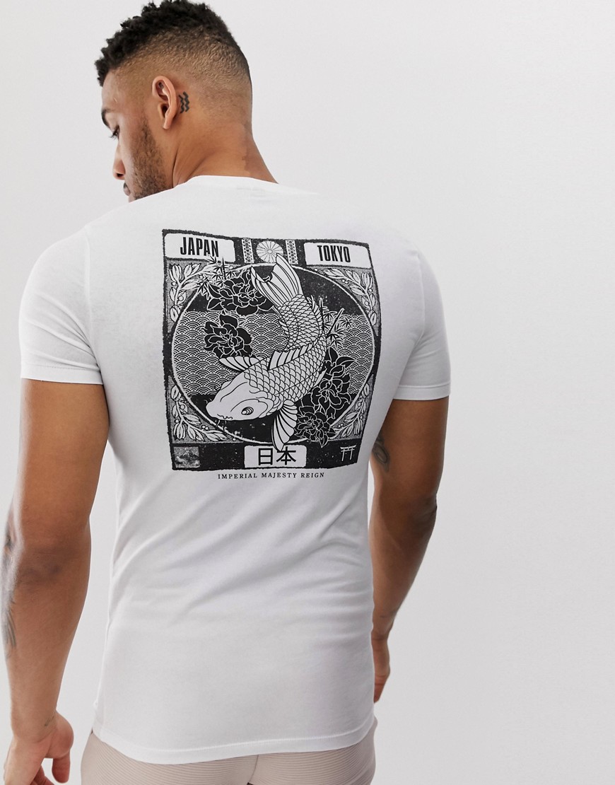 ASOS DESIGN - T-shirt attillata con stampa a pesci sul retro-Bianco