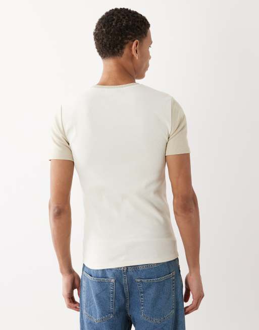ASOS DESIGN - T-shirt attillata crema a coste con maniche a contrasto, 5 di 5