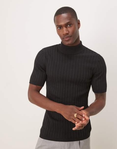 ASOS DESIGN - T-shirt attillata e accollata in maglia a coste nera - view 1