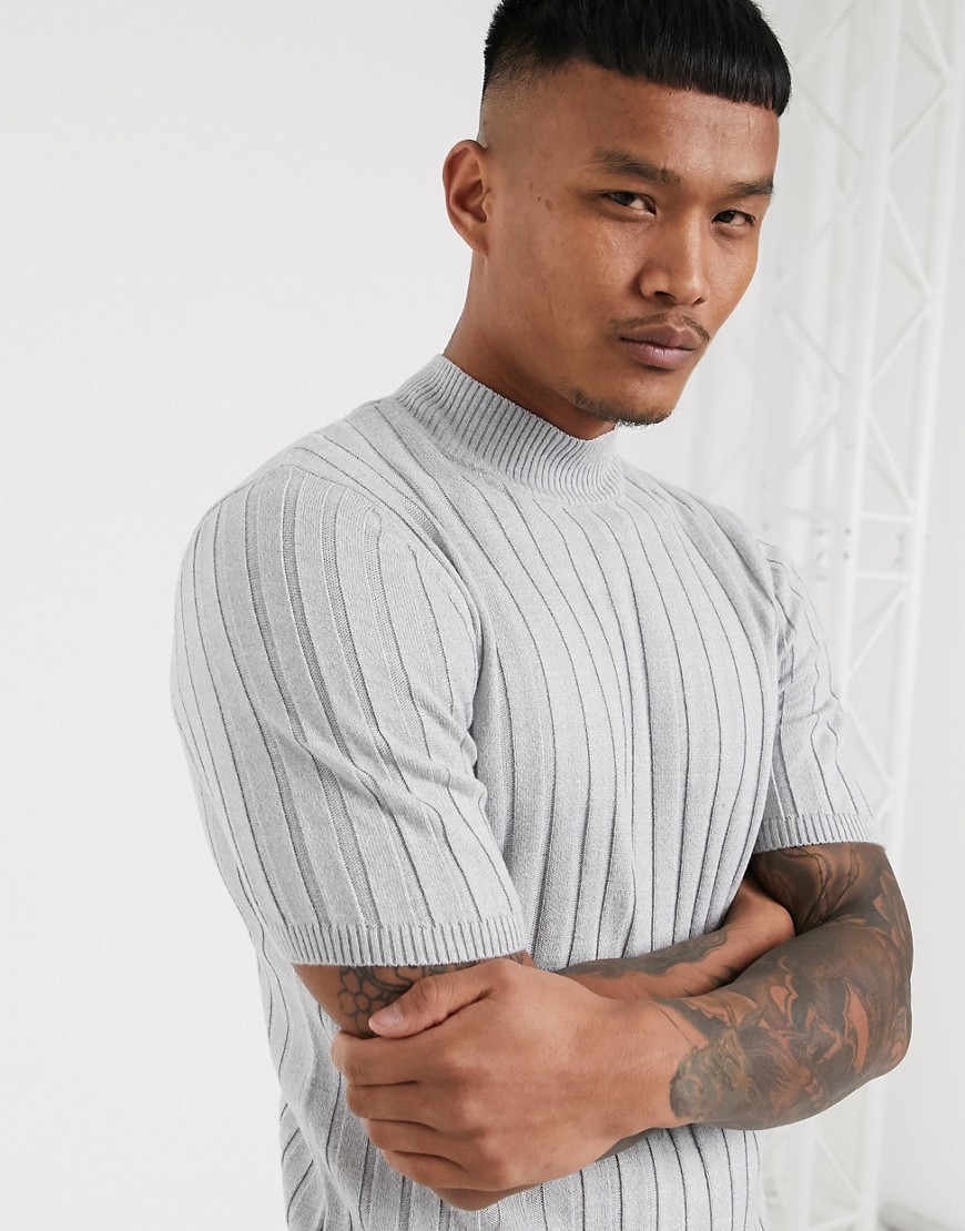 ASOS DESIGN - T-shirt attillata in maglia a coste grigio mélange con collo alto