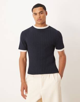 ASOS DESIGN - T-shirt attillata in maglia blu navy con profili a contrasto - view 1