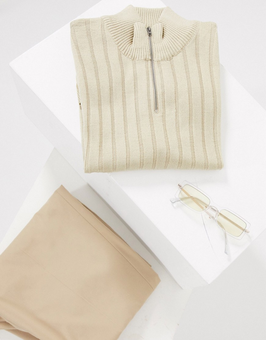 ASOS DESIGN - T-shirt attillata in maglia con zip corta cereale-Beige
