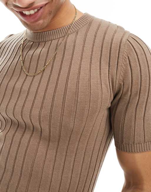 ASOS DESIGN - T-shirt attillata in maglia leggera a coste marrone, 3 di 4