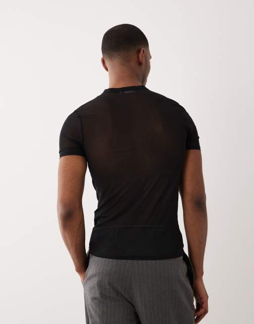 ASOS DESIGN - T-shirt attillata in rete nera a coste con scollo serafino, 5 di 5