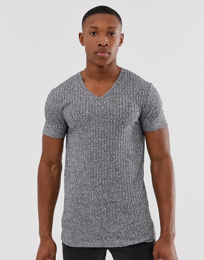 ASOS DESIGN - T-shirt attillata in tessuto a coste elasticizzato grigia mélange con scollo a V-Grigio