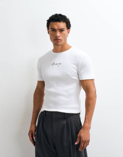 ASOS DESIGN - T-shirt attillata in tessuto luxe pesante bianco a coste con grafica sul davanti - view 1