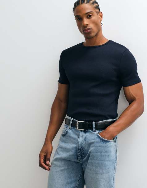 ASOS DESIGN - T-shirt attillata in tessuto super pesante blu navy a coste - view 1
