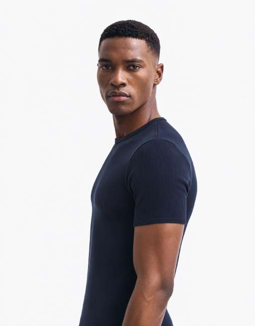 ASOS DESIGN - T-shirt attillata in tessuto super pesante blu navy a coste, 7 di 10