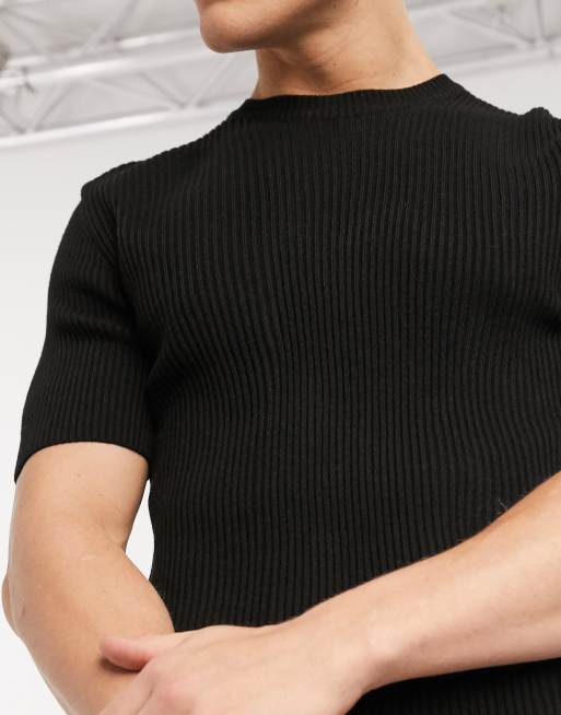 ASOS DESIGN - T-shirt attillata lavorata a coste nera, 3 di 4